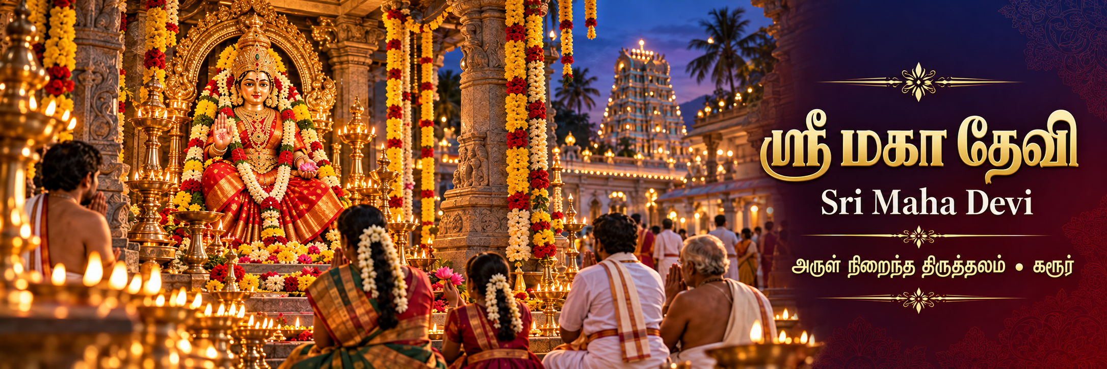 Sri Maha Devi Amman adorned with flowers and lamps at Sri Maha Devi Aalayam, Karur